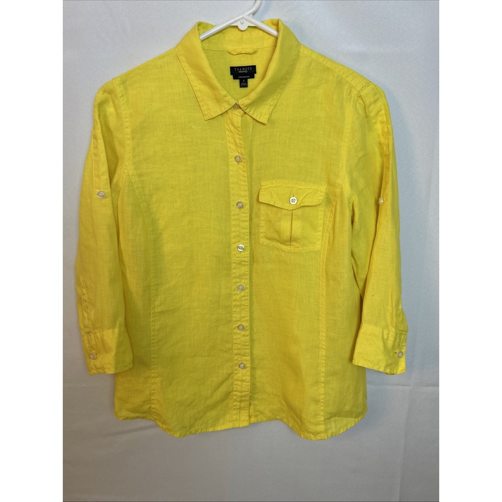Talbots Pure Irish Linen Bright Yellow ButtonDown Shirt Women's Sz S 3/4 Sleeves